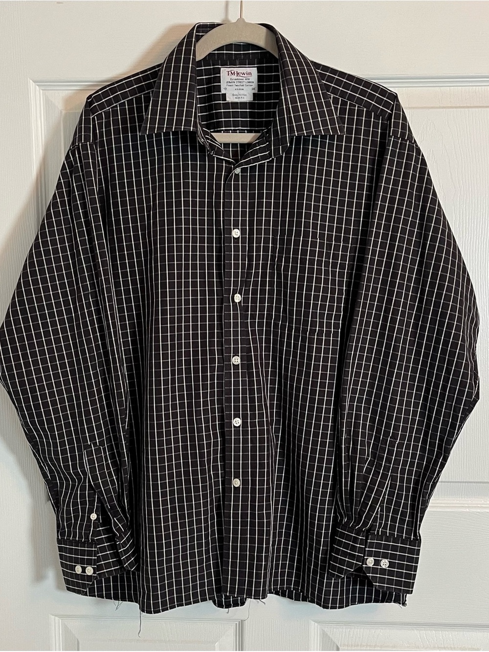 TM Lewin Luxury Black White Grid Check Dress Shirt 17 36 Slim Fit XL Men's